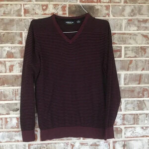 Claiborne Maroon Black Striped V-neck Lightweight Sweater